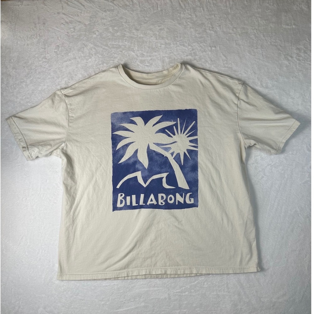 Billabong Mens Large Cream Blue Palm Tree Graphic T-Shirt Short Sleeve Cotton